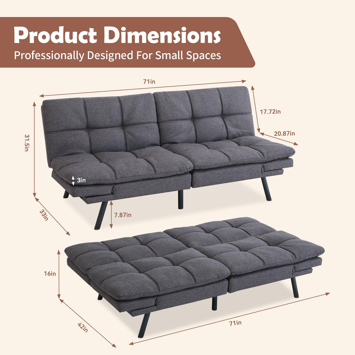 Hcore Futon Sofa Couch Bed,Convertible Futon Couch Bed,Memory Foam Futon Sleeper Sofa,Loveseat Sofa Bed,Small Splitback Polyester Modern Sofa for Living Room,Office,Apartment,Dark Grey Hcore