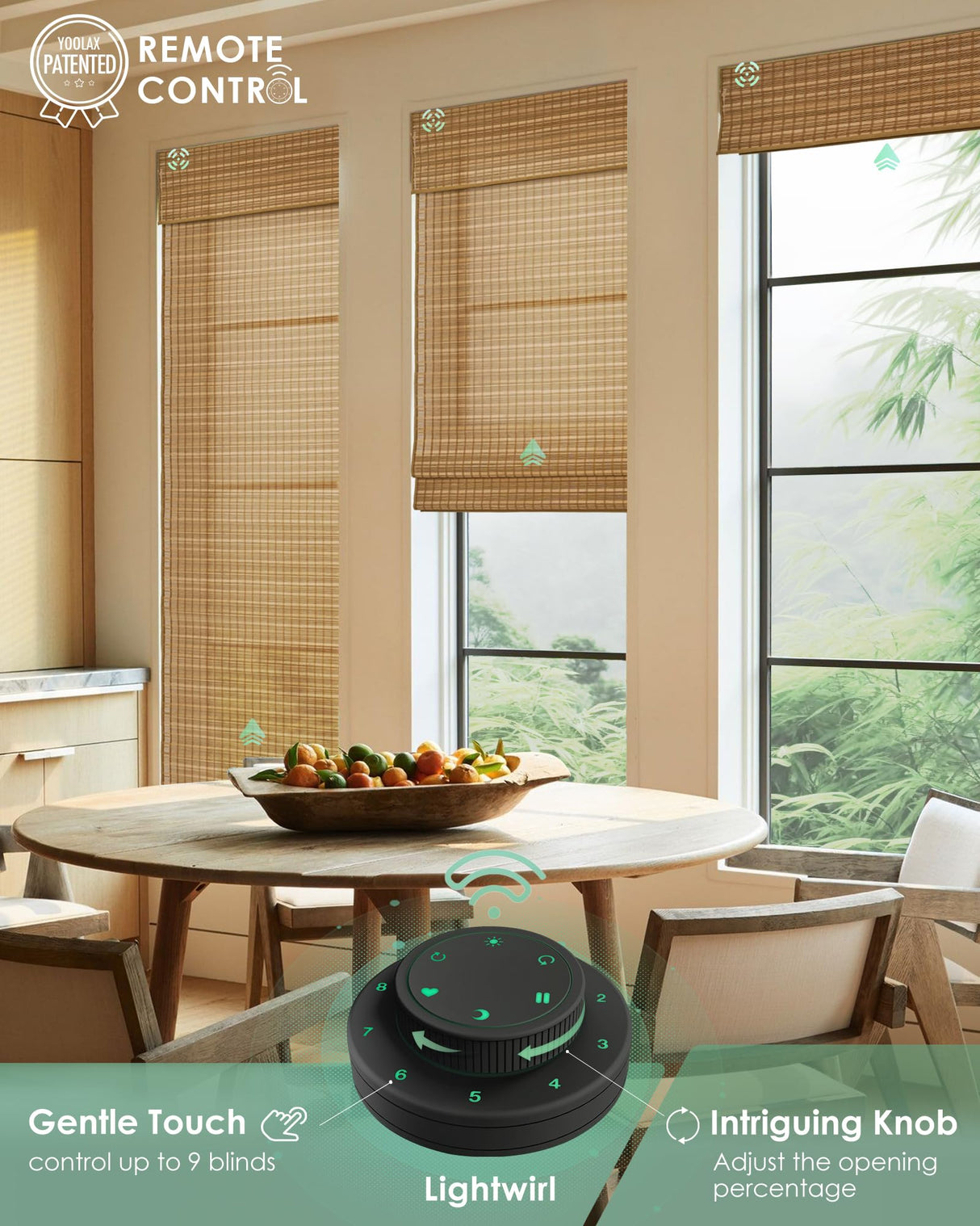 Yoolax Motorized Bamboo Roman Shade Half-Shading Classic Fold Smart Blind Compatible with Alexa & Google Home, Remote Control Electric Window Shade Customize (Bamboo Wide Light Brown) Yoolax