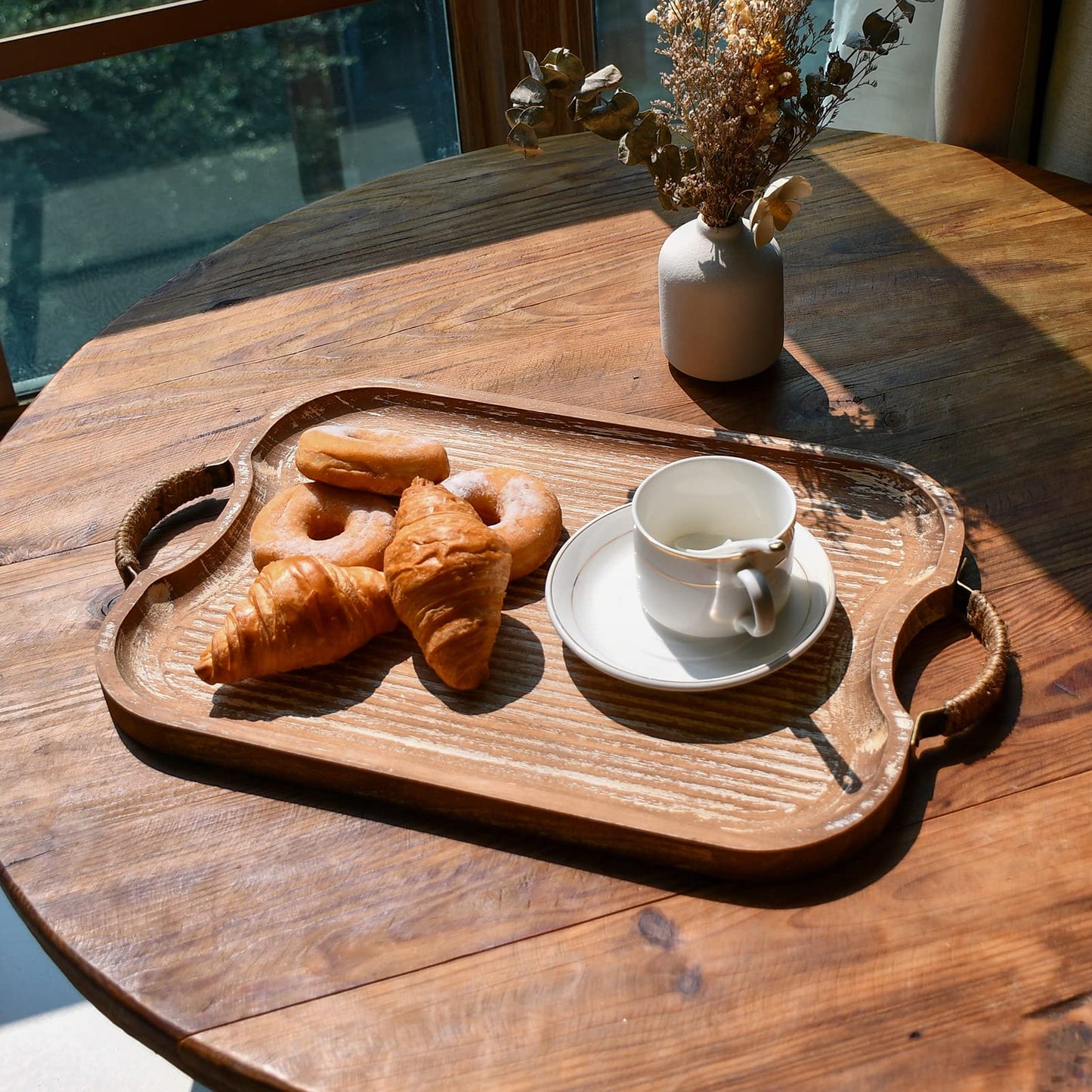 Rustic Wood Serving Tray with Metal Twine Handles Set of 2 Rectangular Decorative Trays Farmhouse Platter for Food, Fruit, and Coffee Great for Bed, Patio, Ottoman, Coffee Table, Kitchen, or  - WoodArtSupply