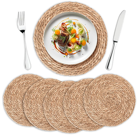 Round Woven Placemats Set of 6 | Handmade Natural Wicker Placemats for Holiday Wedding Home - Slip Heat Resistant Rattan Chargers for Dinner Plates (12 Inch) Rcrirth