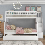 Harper & Bright Designs Twin Over Full Bunk Beds with Twin Size Trundle & Stairway, Solid Wood Bunk Bed Twin Over Full Size with Storage and Guard Rail for Bedroom, Dorm, Kids, Teens,Adults,White Harper & Bright Designs