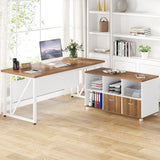 Tribesigns 63-Inch Executive Computer Desk with 47-Inch Lateral File Cabinet, Large Workstation Business Furniture, L Shaped Desk with Drawers and Storage Shelves for Home Office, Walnut & White Tribesigns