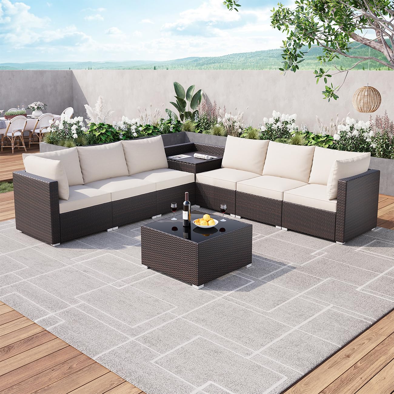 IDEALHOUSE 8 Pieces Outdoor Patio Furniture Set with Storage, 4 Inch Cushions Outdoor Wicker Rattan Patio Furniture Sectional Set with Glass Table and Hidden Storage Box, Brown - WoodArtSupply