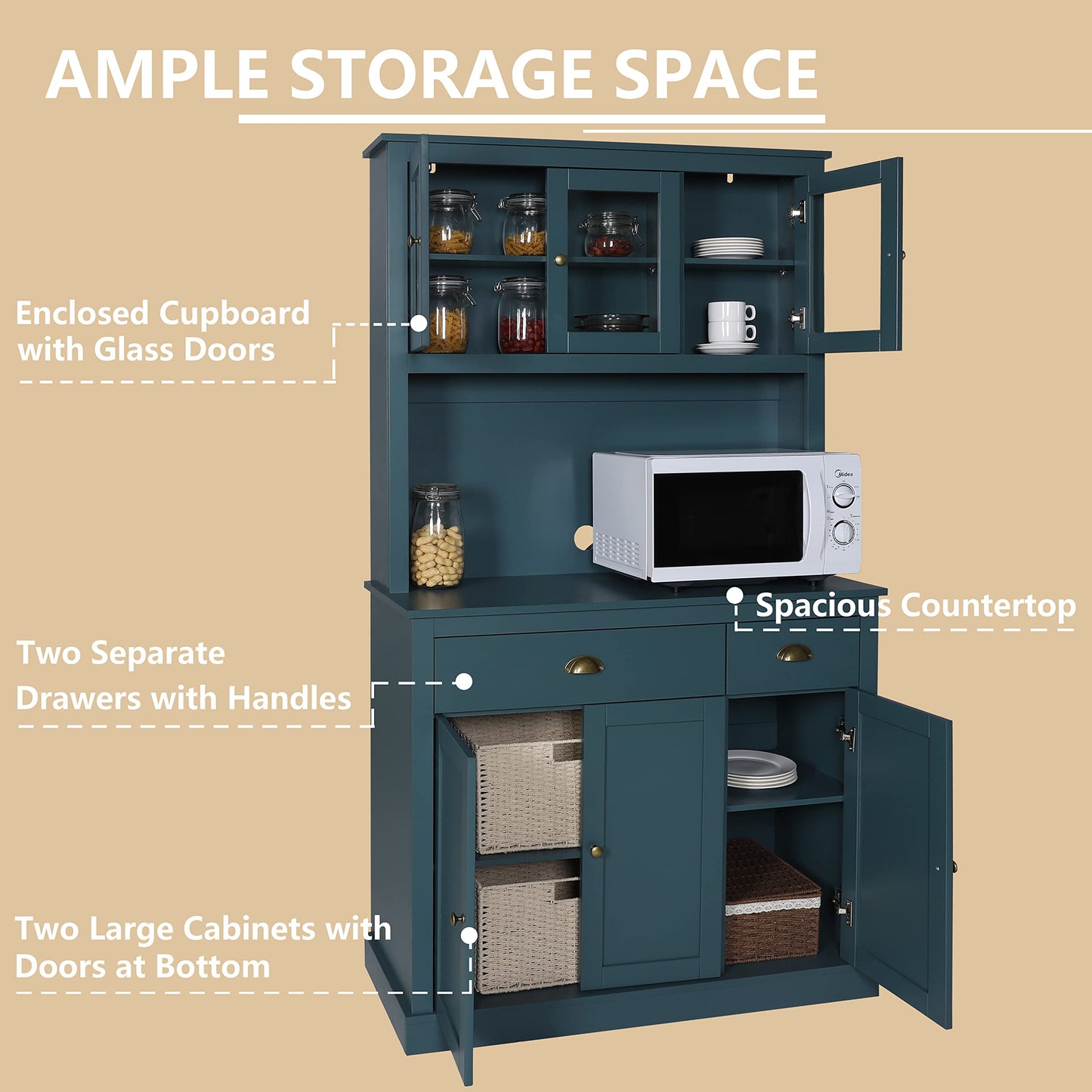 MUPATER Kitchen Pantry Storage Cabinet with Microwave Stand, 71'' Freestanding Hutch Cabinet with Buffet Cupboard, Drawers and Glass Doors for Home Office, Blue - WoodArtSupply