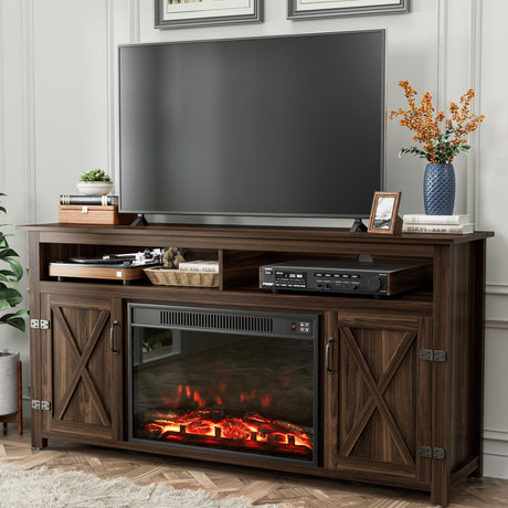 YESHOMY Fireplace TV Stand for Television up to 65+ Inch with Storage and Farmhouse Barn Doors, Entertainment Center with Cabinet and Shelves, Media Console for Living Room, Walnut YESHOMY