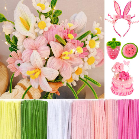 MACIOZE 600 Pcs Pink Pipe Cleaners Craft for Flowers, Pastel Chenille Stems for DIY Art Projects Creative Gift(6 Colors), Bulk Fuzzy Pipe Cleaner Flower Kit, Ideals for Party Decor (Pink Flower) MACIOZE