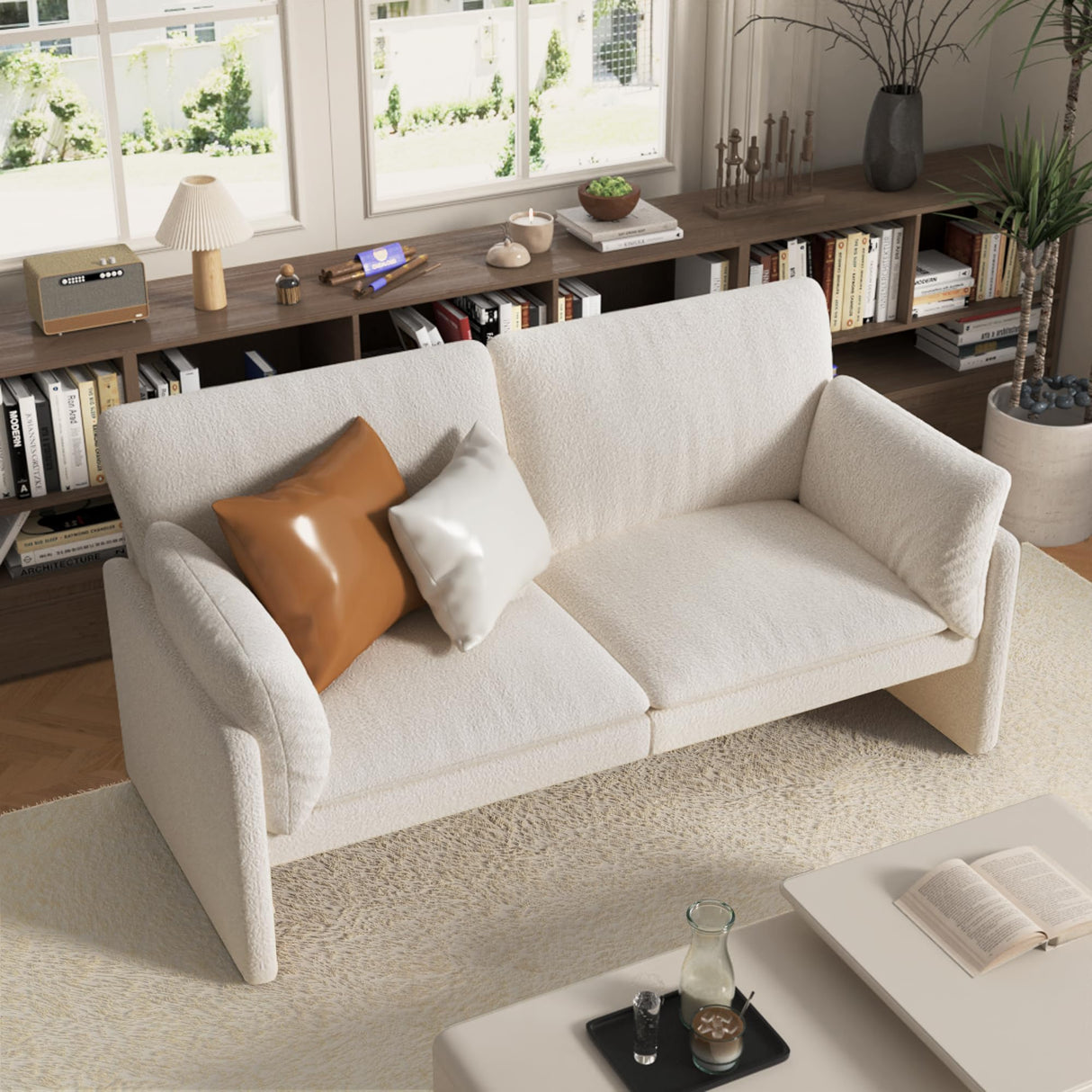 JFHID 68'' Modern Teddy Loveseat Sofa, 2 Seater Couch with Removable Cover, Soft Cushioned Boucle Loveseat for Living Room, Bedroom, Small Spaces, White JFHID