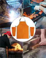 QWORK Welding Apron& Sleeves, Welding Work Protectors Set, Heat and Flame Resistant Leather Work Shop, Blacksmith Protective or Safety Clothing, Welders, Fireplace, Gardening, BBQ Apron, Bib Apron QWORK
