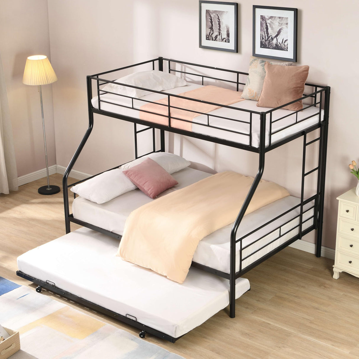 Zyerch Twin Over Full Bunk Bed with Trundle, Metal Bed Frame Bunkbeds Twin Over Full for Kids Adults with 2 Ladders & Guardrail, Noise Free Easy to Assemble, Black Zyerch