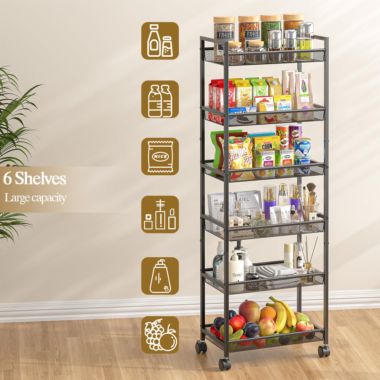 6 Tier Slim Rolling Storage Cart, Narrow Mobile Shelving Unit Organizer Utility Cart with Wheels, Metal Wire Storage Rack with Baskets for Kitchen, Bathroom, Laundry & Living Room, 10in(W) ThreeHio