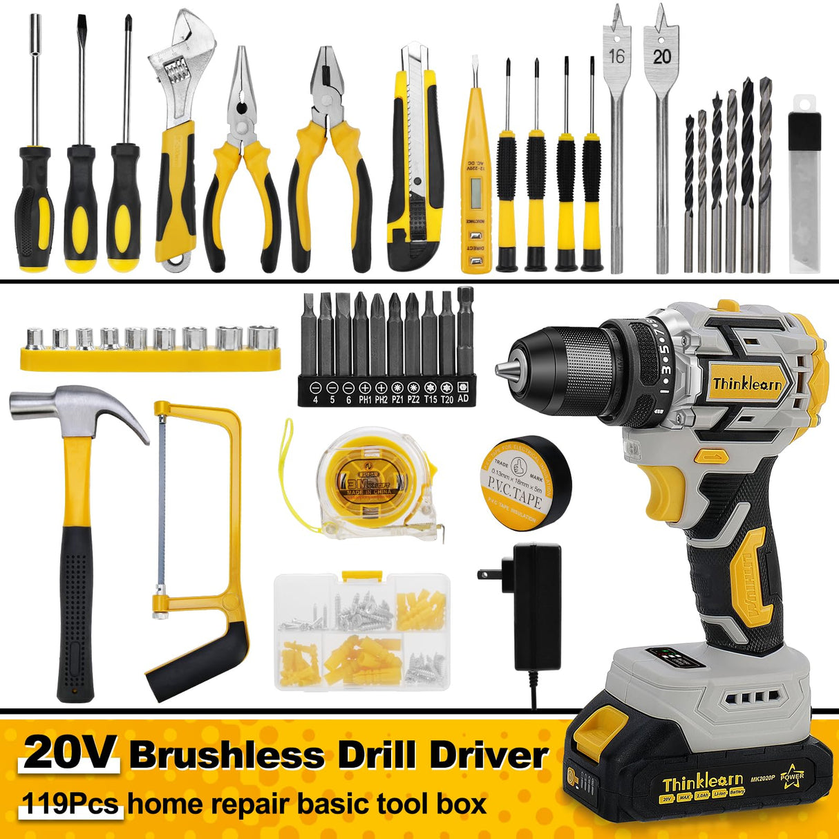 20V Brushless Drill Set, Cordless Power Drill with 2.0Ah Battery,119 PCS Combo Drill Set for Men, 10mm 3/8" Keyless Chuck, 21+1 Torque Setting Power Drill Kit for DIY Garden House Office Repair ThinkLearn