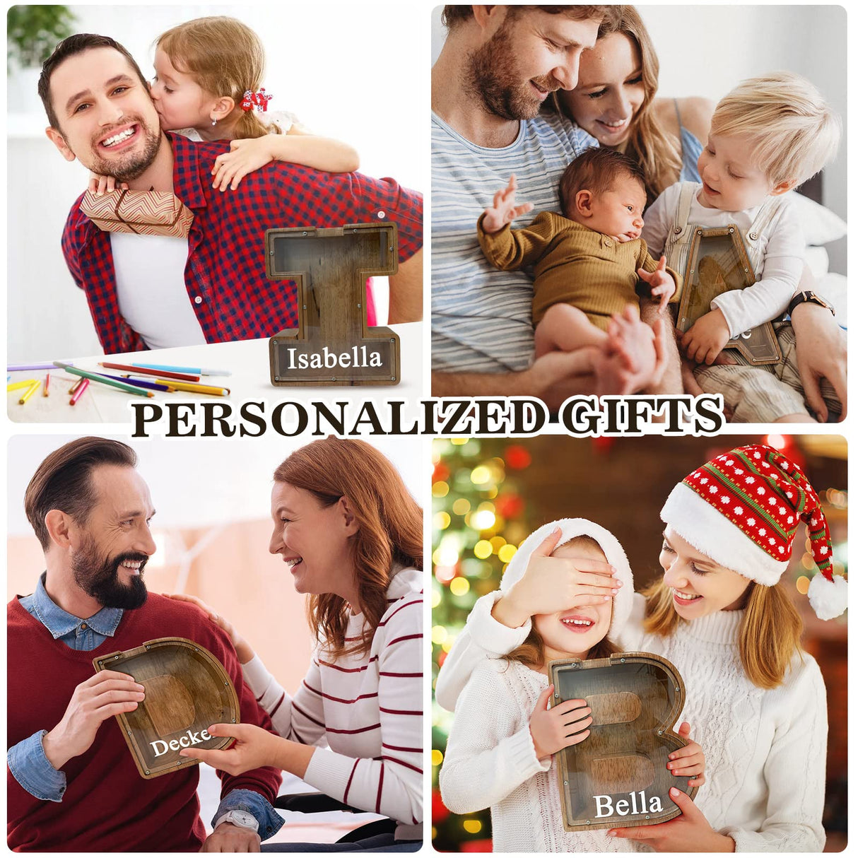 Personalized Large Wooden Kids Letter Piggy Bank Custom Name Coin Bank, (Laser Engraved Name) Wood Alphabet Letter Bank Money Box Birthday (B) ladenk