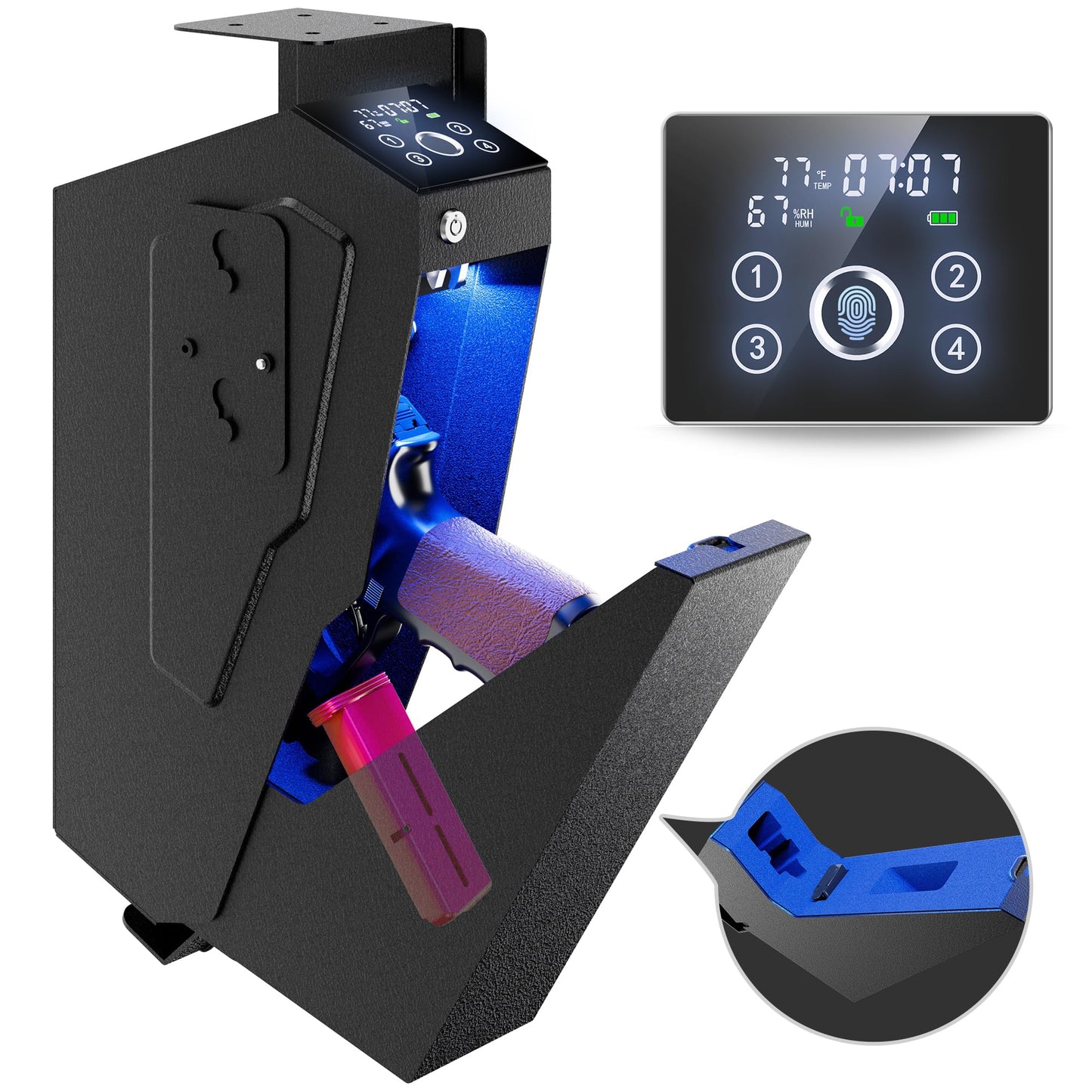 KornerBatl Quick Access Biometric Gun Safe for handgun, 2 in 1 Pistol Bedside Gun Safe, Mounted Drop Down Nightstand Pistol Safe with Fingerprint & Passcode & Key 3 Ways