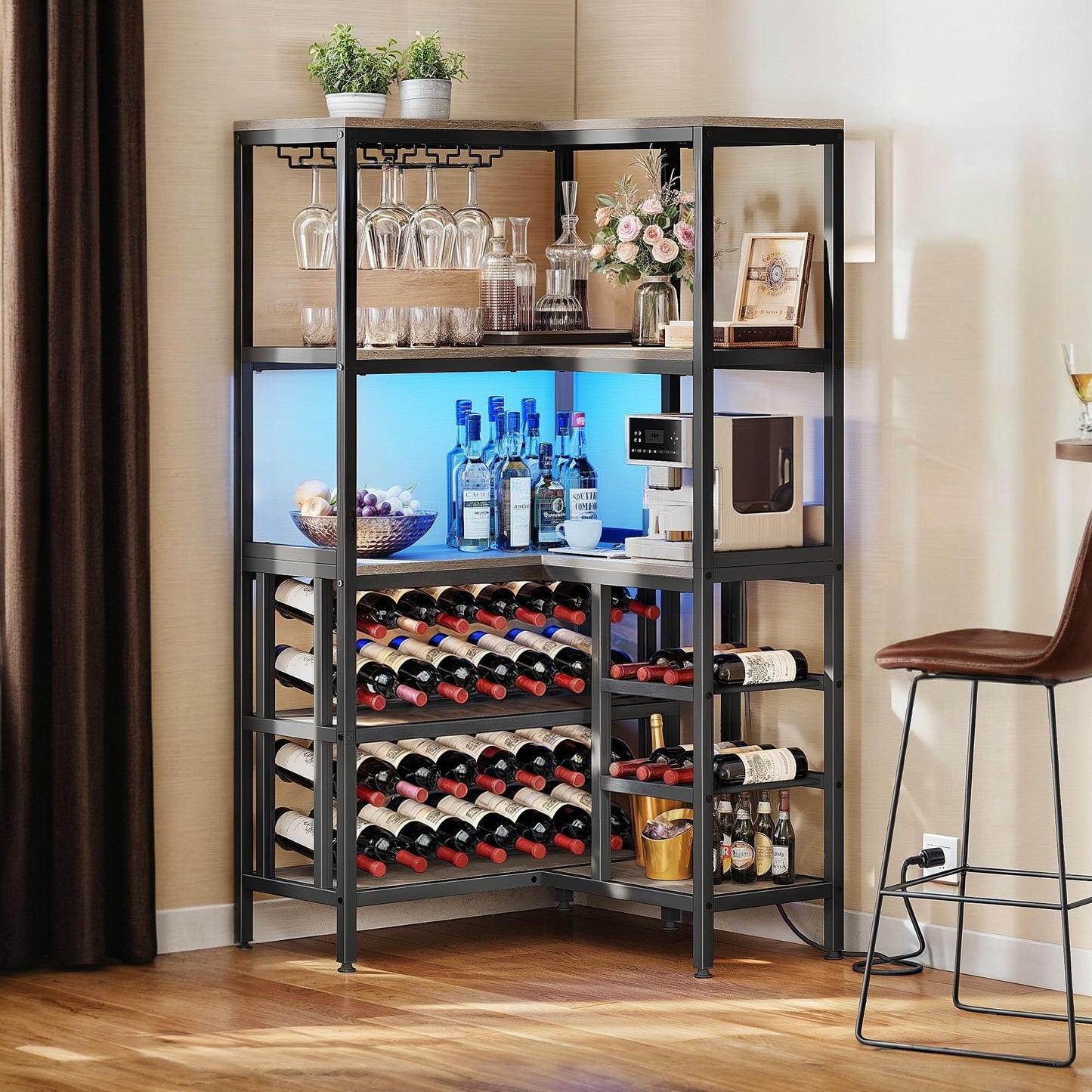 YITAHOME Large Corner Bar Wine Rack Cabinet, 5-Tier L Shaped Industrial Corner Wine Rack Open Display Liquor Storage Cabinet with LED Light and Power Outlet and Glass Holder, Dark Grey