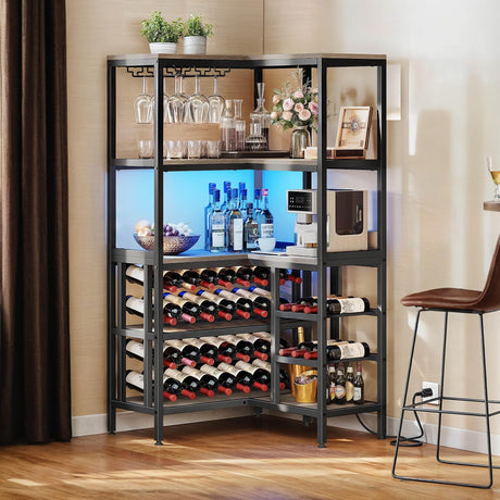YITAHOME Large Corner Bar Wine Rack Cabinet, 5-Tier L Shaped Industrial Corner Wine Rack Open Display Liquor Storage Cabinet with LED Light and Power Outlet and Glass Holder, Dark Grey YITAHOME