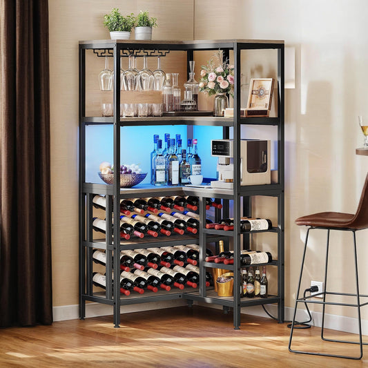 YITAHOME Large Corner Bar Wine Rack Cabinet, 5-Tier L Shaped Industrial Corner Wine Rack Open Display Liquor Storage Cabinet with LED Light and Power Outlet and Glass Holder, Dark Grey