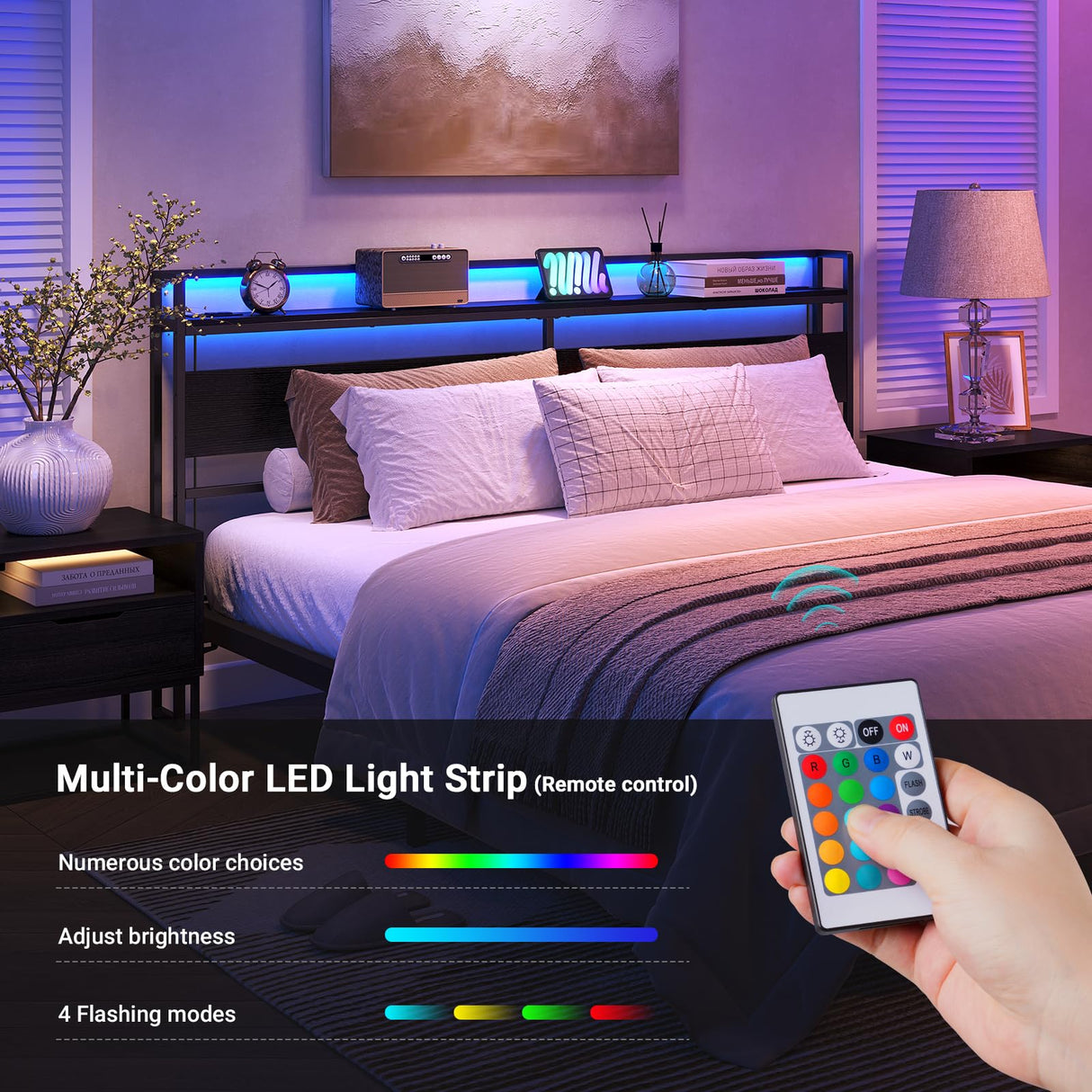 ELYKEN King Size Headboard with Power Outlet & LED Strip Light - Versatile, Easy Assembly in Black ELYKEN