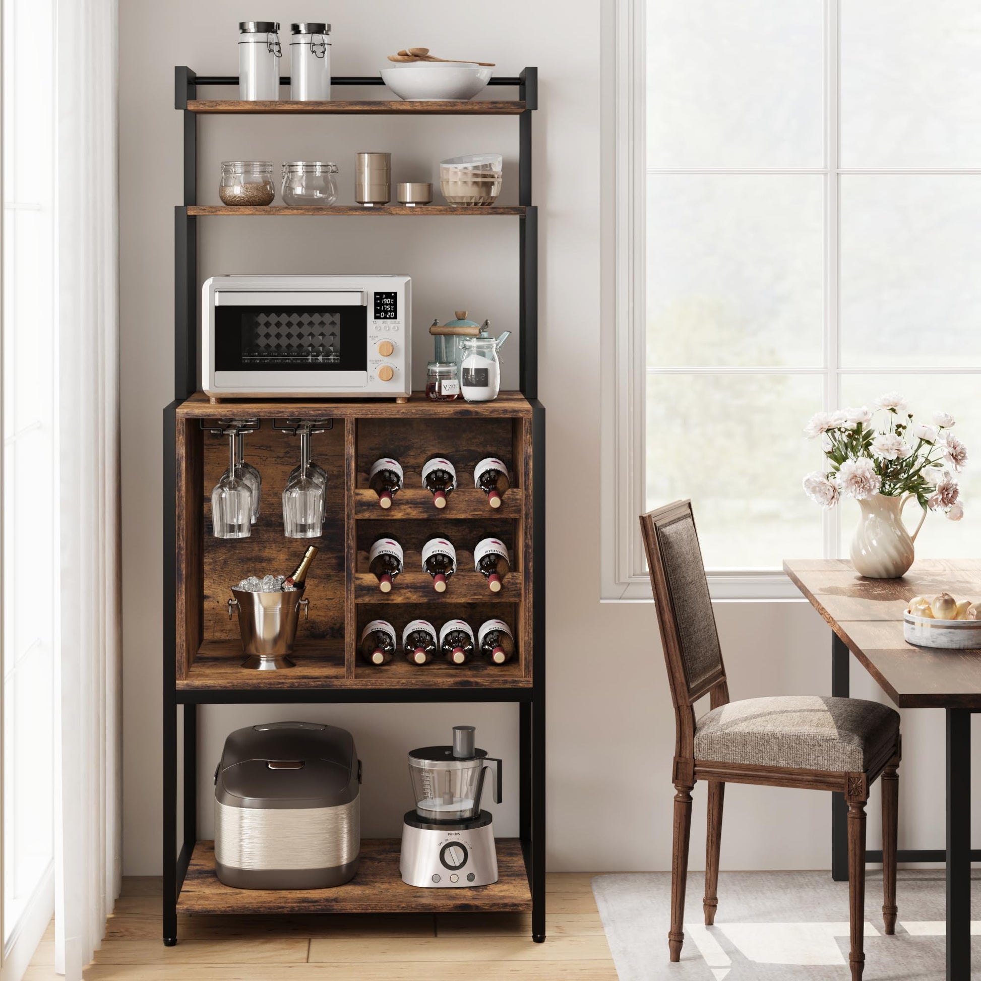 IDEALHOUSE Rustic Brown Freestanding Wine Cabinet with Glass Rack and Storage Solutions - WoodArtSupply