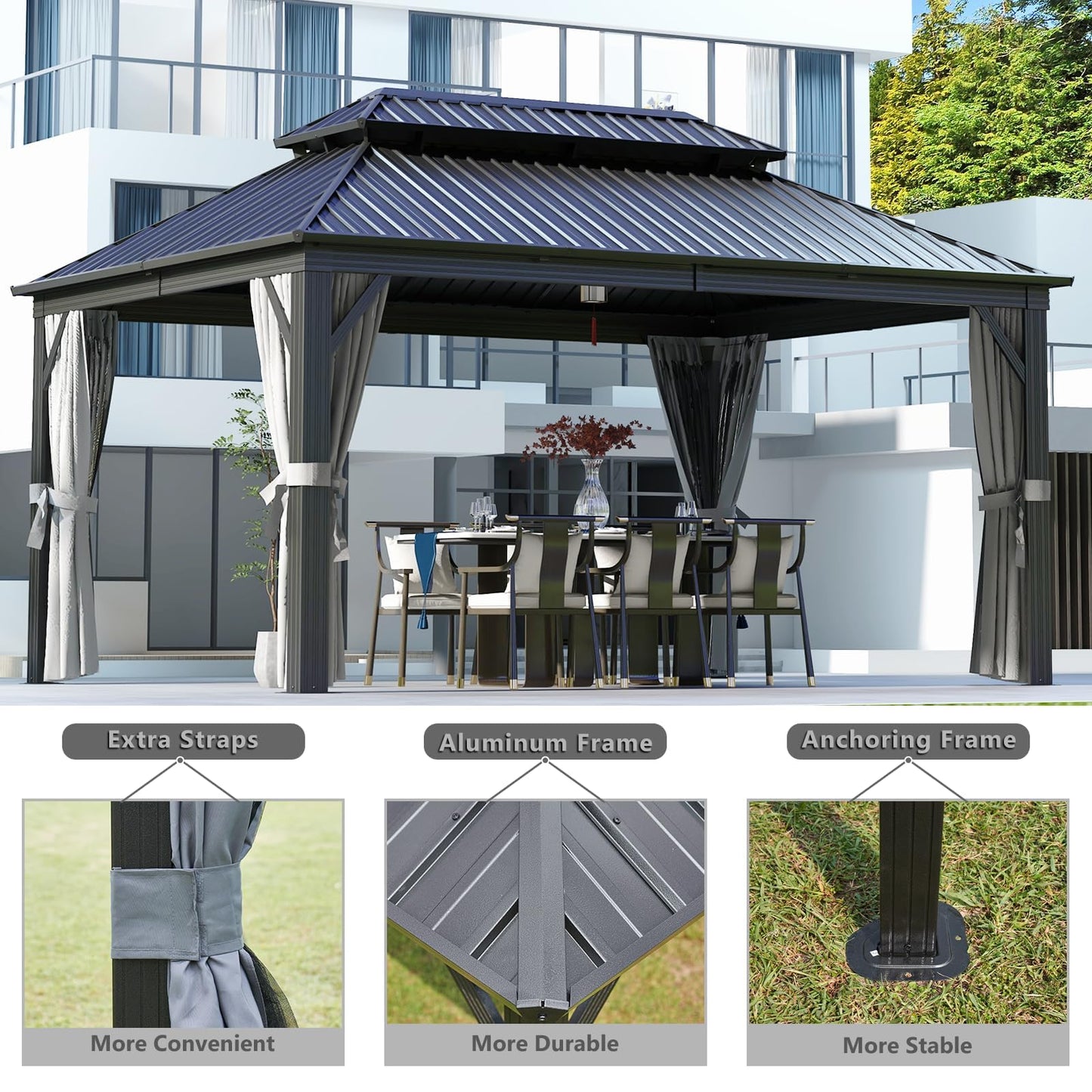 Aoxun Hardtop Gazebo 12ft X 16ft, Outdoor Gazebos with Double Roof, Galvanized Steel Permanent Aluminum Gazebo with Netting and Curtains, for Decks, Gardens, Patios, Parties