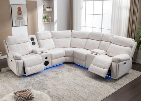 Power Recliner Sectional Sofa Wall Hugger with Bass Speakers,LED Strip,USB Ports,Storage Console,Cup Holders,Faux Leather Reclining Sectional Couch with 2 Recliners for Living Room,5 Seats,White Comfort Stretch