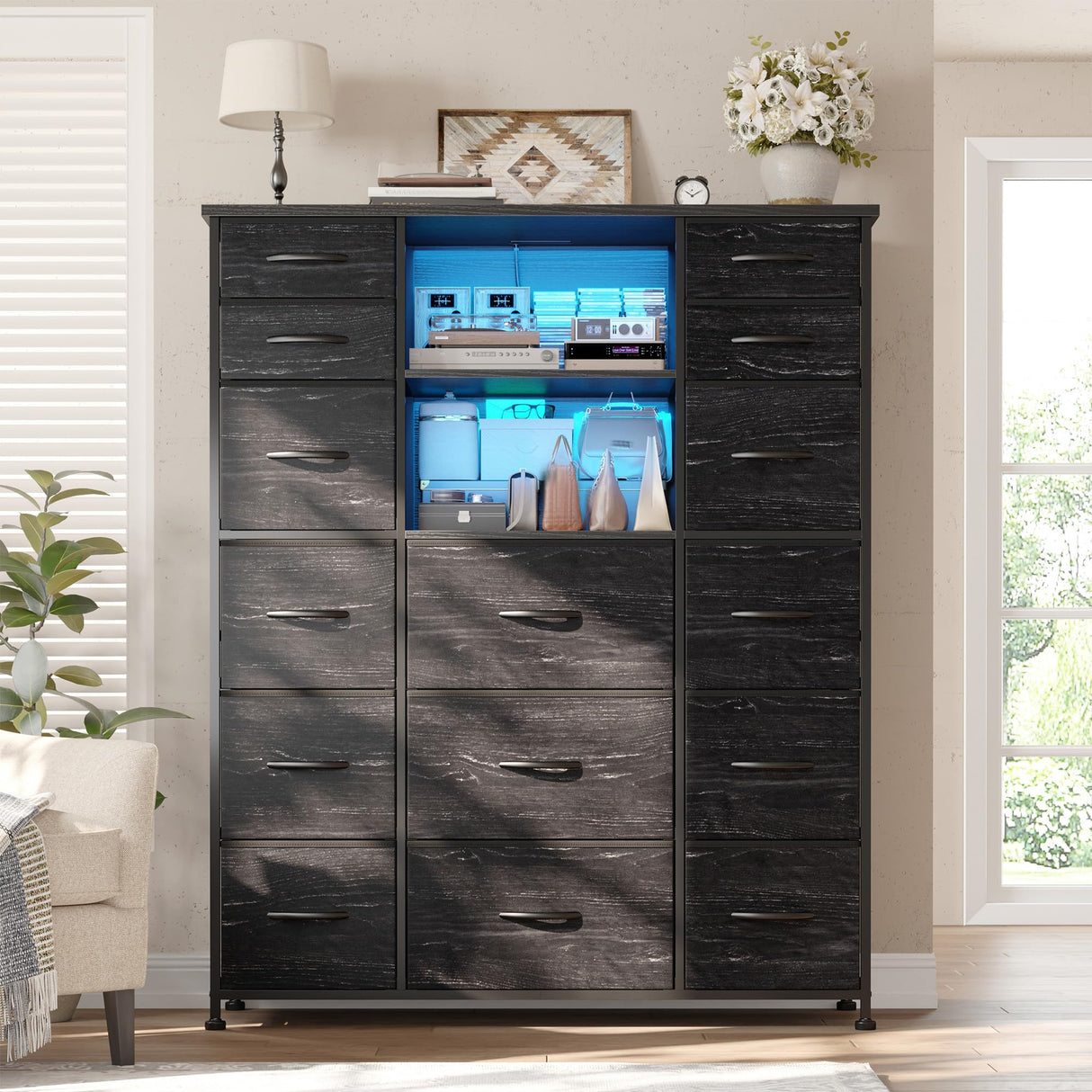 EnHomee 51" H Tall Dresser with 15 Drawers Dresser for Bedroom with Charging Station & LED Lights & Hutch Sturdy Black Bedroom Dressers, Steel Frame, Wood Top, 51.2" H x 39.3" W x 11.8" D EnHomee