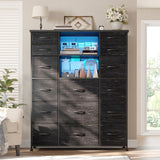 EnHomee 51" H Tall Dresser with 15 Drawers Dresser for Bedroom with Charging Station & LED Lights & Hutch Sturdy Black Bedroom Dressers, Steel Frame, Wood Top, 51.2" H x 39.3" W x 11.8" D EnHomee
