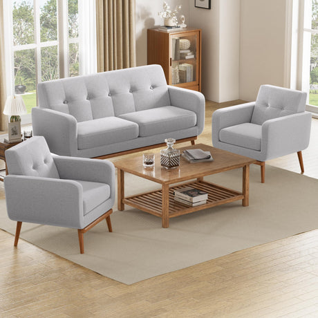 HUIMO Living Room Set, Button Tufted Living Room Furniture Sets, Upholstered Modern Couch Set with Solid Frame, Deep Seat Sofa Set for Living Room, Office (Light Grey, 3 Piece Set-1*loveseat+2*Chair) HUIMO