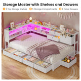 BTHFST Corner Bed Frame with Charging Station & Led Lights, Twin Bed Frame with 8 Storage Drawers & Bookcase, Twin Daybed with Storage Headboard for Kids Guests, White BTHFST