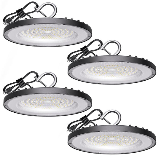 4 Pack UFO LED High Bay Light 150W(600W MH/HPS Equiv.), 21000lm, 5000K Daylight High Bay LED Shop Lights with 5' Cable US Hook, IP65 Commercial Light Fixture for Warehouse Workshop Barn Facto - WoodArtSupply