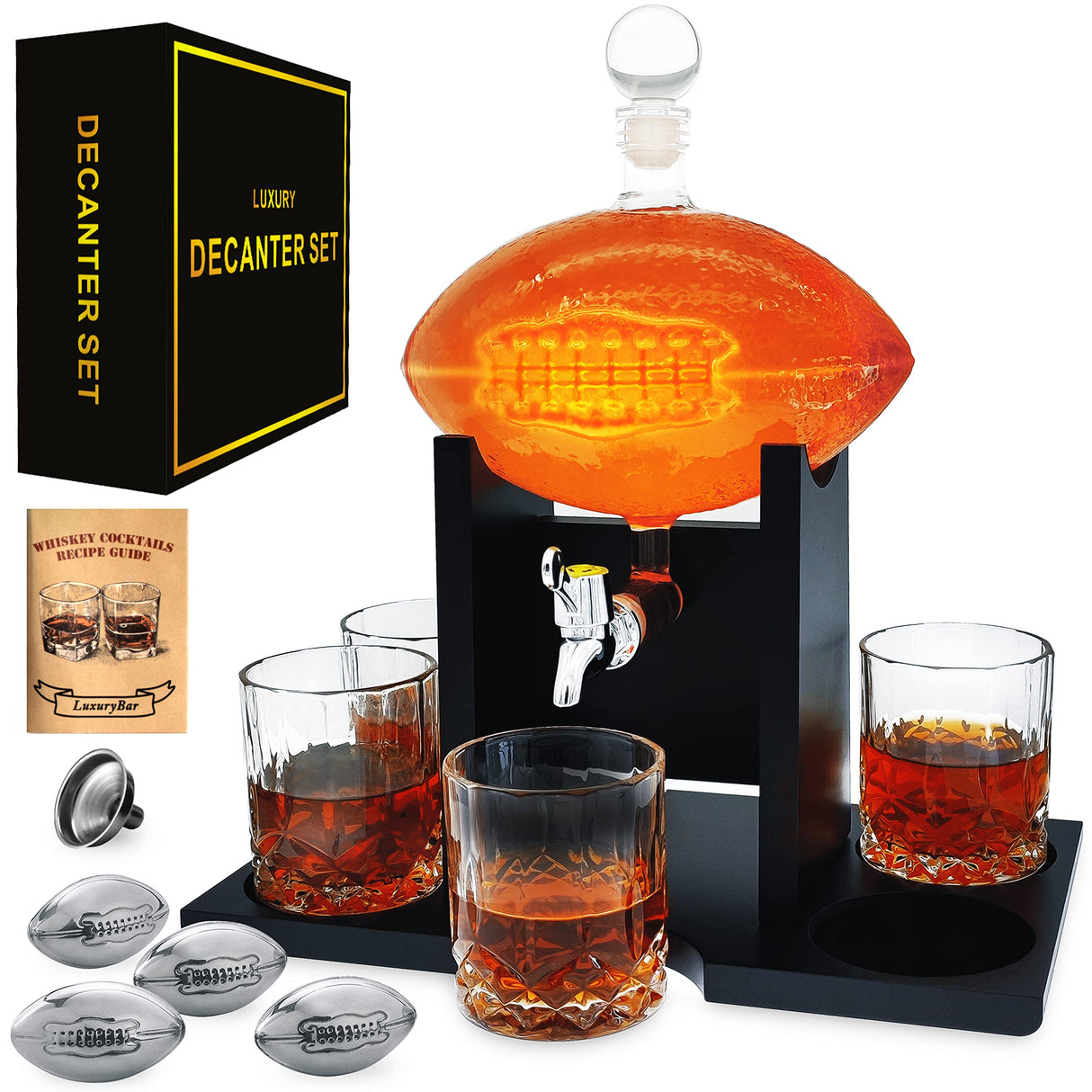 Football Whiskey Decanter Set with Glasses Spout 4Chiller,47oz Whiskey Decanter Sets for Men,Whiskey Set Gifts for Men,Birthday Gifts for Men Gifts for Dad Him Boyfriend,Tequila Decanter Alcohol LuxuryBar