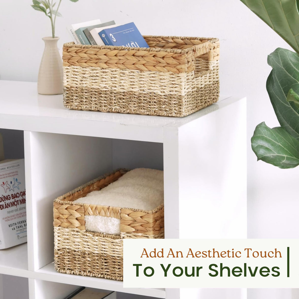 CHI AN HOME Wicker Storage Baskets, Set of 3 Water Hyacinth Storage Baskets For Organizing, Storage Bins Container for Shelves, Woven Pantry Baskets, 3-Pack, Natural, Built-in Carry Handles Chi An Home