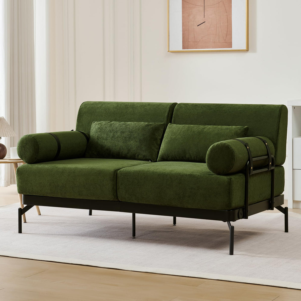 Ball & Cast Futon Sofa with Flexible USB Ports, Modern Loveseat Sofa Couch 2-Seater Sofa with Unique Cylindrical Armrests,for Small Spaces, Living Room or Office, Corduroy Futons Sofas (Green) Ball & Cast