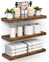 BAYKA Floating Shelves for Wall – Bathroom Shelves Rustic Wood with Metal Brackets for Bathroom, Bedroom, Kitchen, or Living Room Decor – Rustic Brown, Set of 3, Sturdy Storage with 22lb Capacity BAYKA