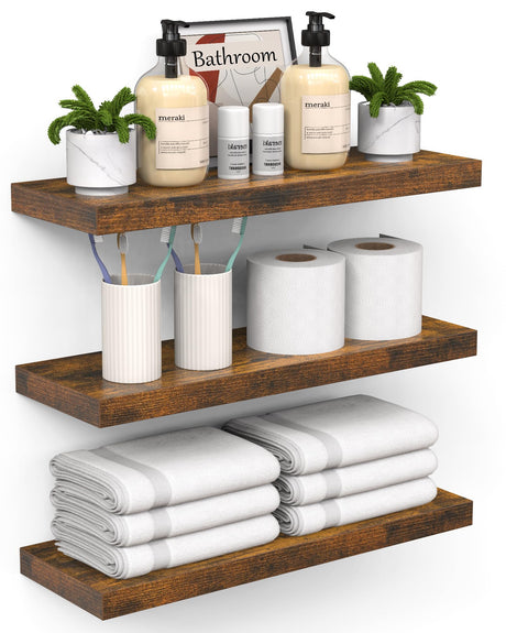 BAYKA Floating Shelves for Wall – Bathroom Shelves Rustic Wood with Metal Brackets for Bathroom, Bedroom, Kitchen, or Living Room Decor – Rustic Brown, Set of 3, Sturdy Storage with 22lb Capacity BAYKA