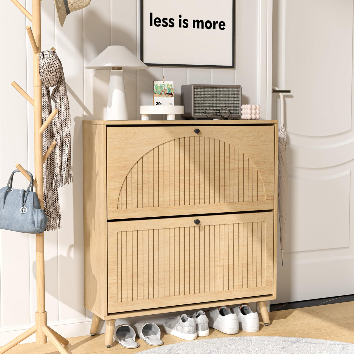 Fsbecl Shoe Storage Cabinet for Entryway with 2 Flip Drawers, Narrow Wood Shoe Cabinet with Fluted Panel, Freestanding Hidden Shoe Organizer for Foyer, Hallway (Wood Color) Fsbecl