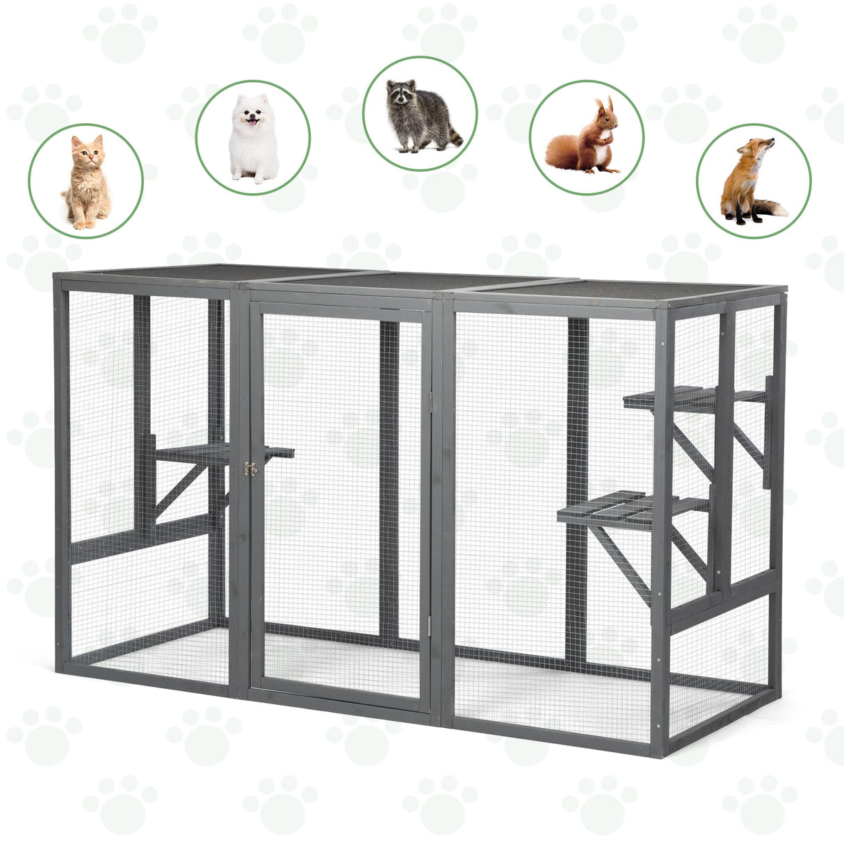 COZIVVOVV Outdoor Cat Enclosures, Weatherproof Catio for Cats, Large Cat Cage with 3 Platforms and Litter Box, Wooden Cat Crates for Indoor Cats & Cat House, Grey COZIVVOVV