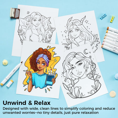 Ohuhu Double-Sided Bleedproof Coloring Book for Alcohol Markers - 8"x10" Portraits of Joy Coloring Book - 20 Sheets/40 Patterns - Top Spiral-Bound Design - Stress-Relieving Gift for Adults Teens Women Ohuhu