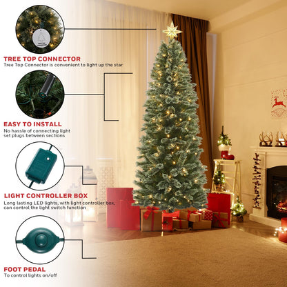 Honeywell 7 ft Pencil Pre-Lit Christmas Tree - Frances Cashmere Artificial Slim Christmas Tree with 200 Color Changing LED Lights, Xmas Tree with 721 PVC Tips, Tree Top Connector, UL Certified