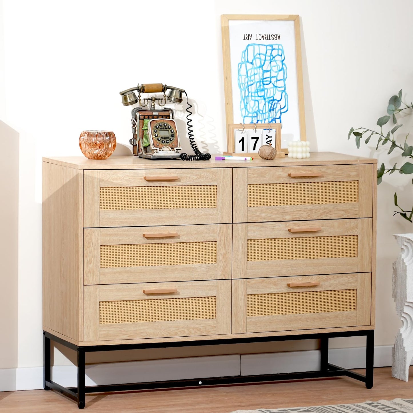 CCF Rattan Dresser 6 Drawer Dresser for Bedroom Mid Century Modern Dresser Natural Rattan Chest of Drawer Light Wood Dresser Boho Dressers for Entryway,Bedroom,Living Room，Hallway,43.4'*31.5' - WoodArtSupply