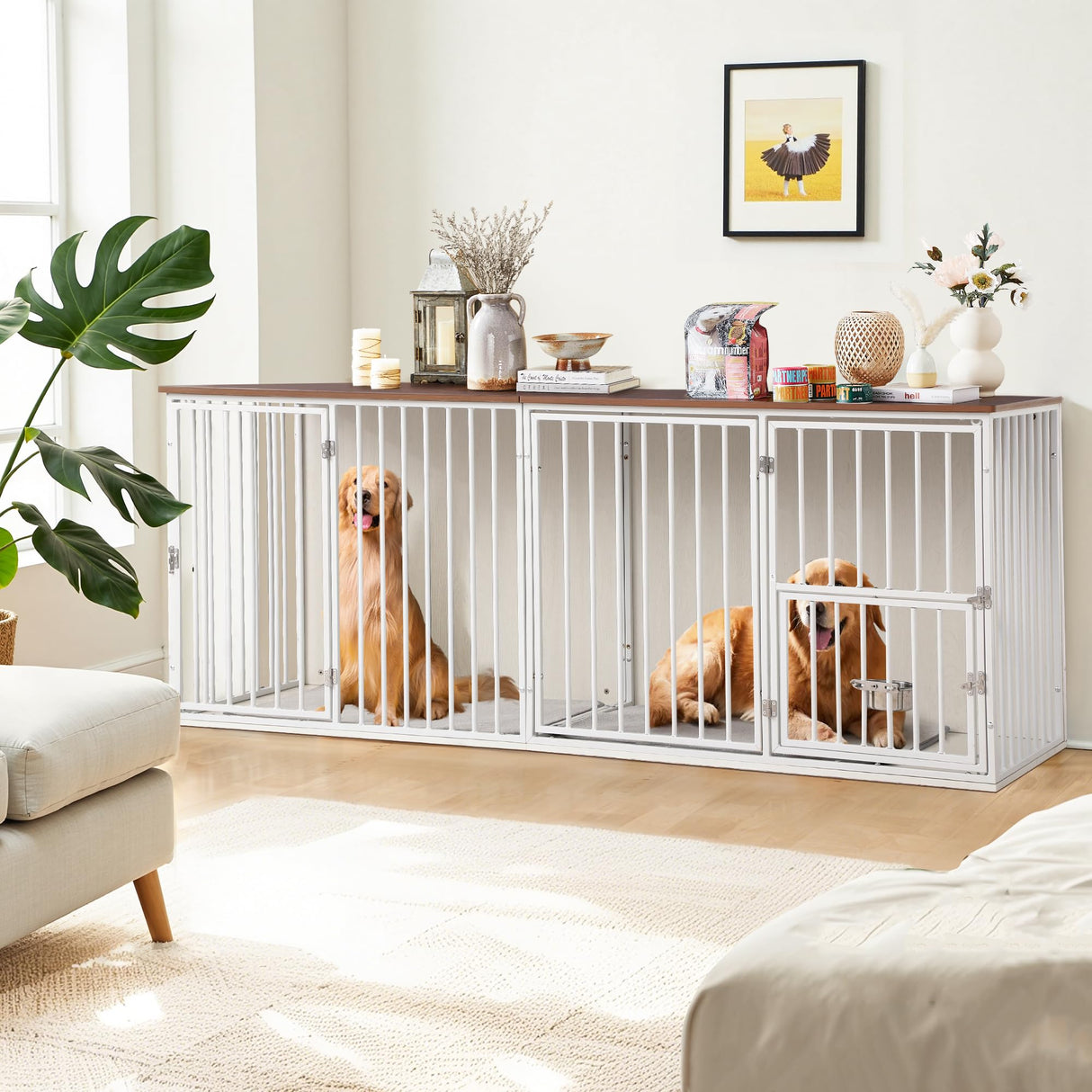 FKLUG Dog Crate Furniture for 2 Dogs, Corner Heavy Duty Double Dog Kennel Furniture with Divider, Indoor Wooden Dogs Crate Large Breed (White) FKLUG