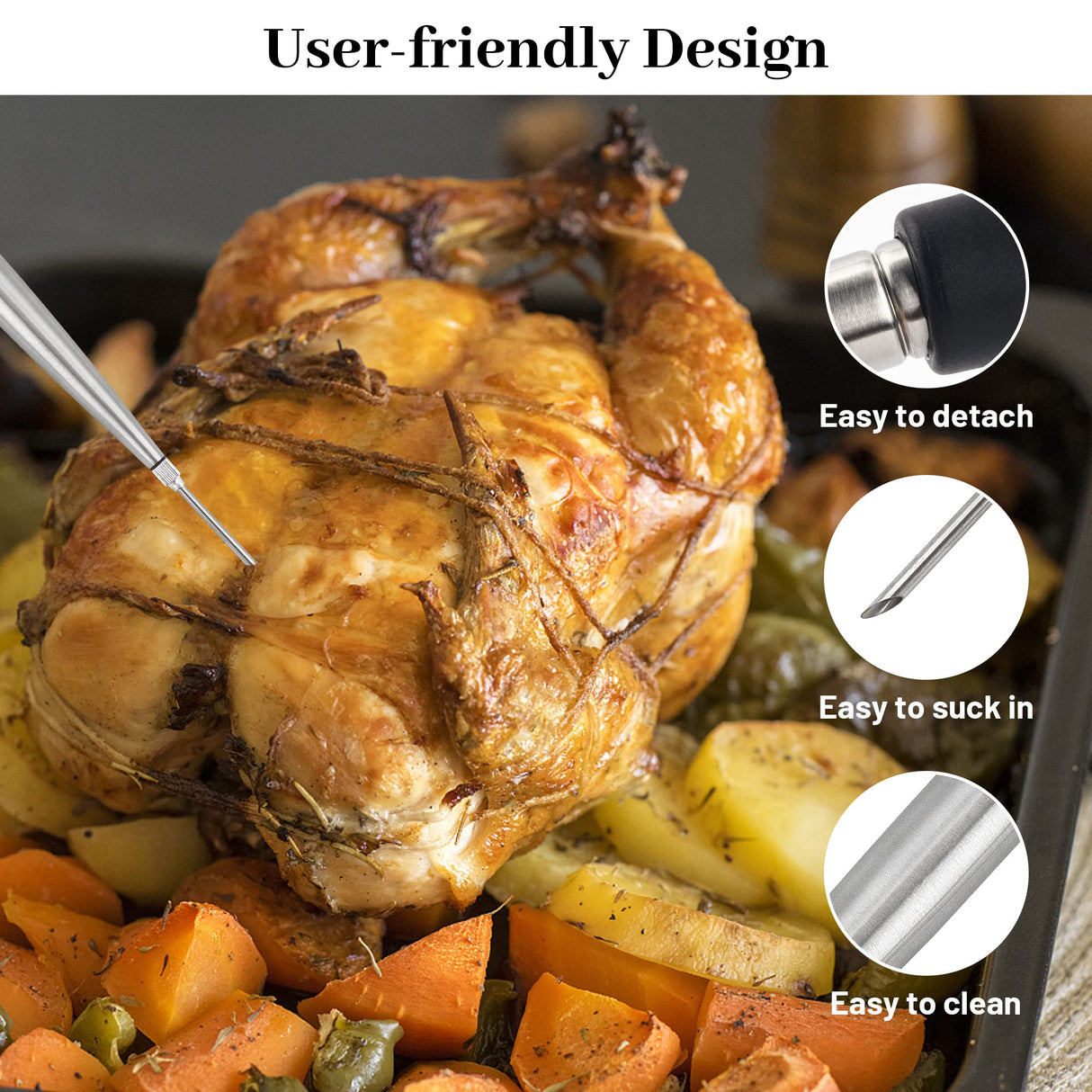 Turkey Baster Syringe for Cooking, Large Stainless Steel Meat Injector, with Cleaning Brush and 2 Marinade Needles, Black Omoojee