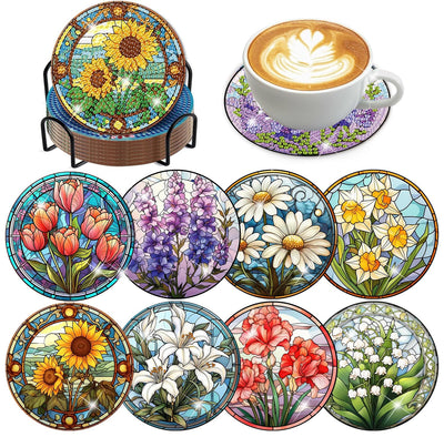 croshom 8 PCS Flowers Diamond Art Coasters Diamond Painting Coasters Kits with Holder Flowers DIY Coaster for Adults Beginners, Diamonds Art Crafts Supplies Sunflowers