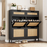 Jocoevol Rattan Shoe Cabinet for Entryway with 4 Flip Drawers & 2 Top Drawers, Freestanding Narrow Shoe Storage Cabinet with Metal Legs for Foyer, Hallway (Black) Jocoevol