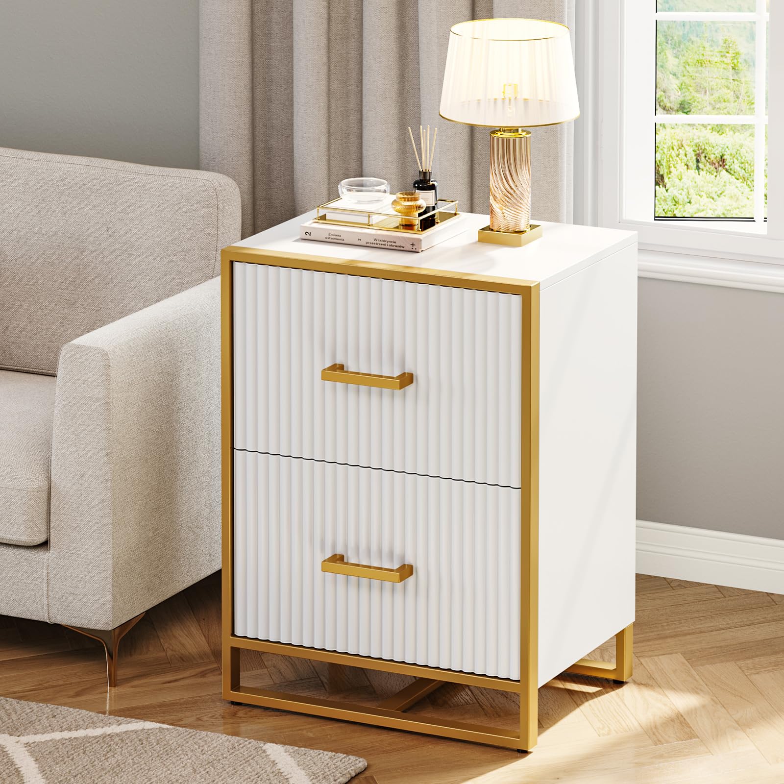 YITAHOME 2 Drawer File Cabinet, Lateral Filing Cabinet for Home Office, White and Gold - WoodArtSupply