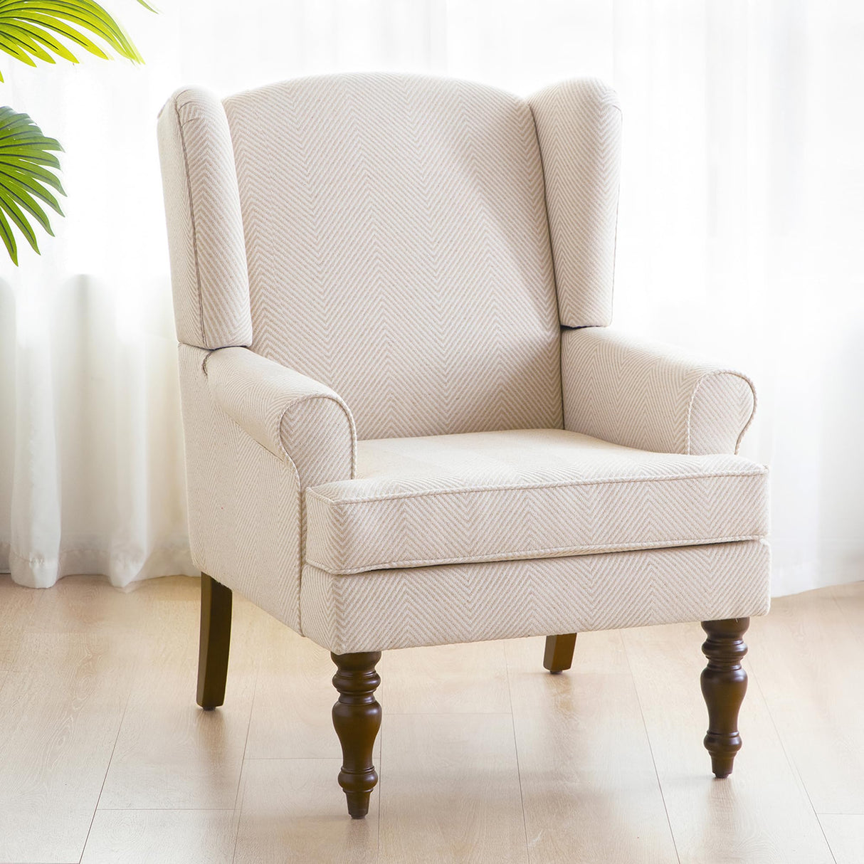 HUIMO Living Room Chair Upholstered High Back Armchair Retro Printed Wingback Chair in Linen for Bedroom & Study Comfy Accent Sofa Chair Reading Chair Holds 300lbs (Navy Blue) (1, Tan with Lines) HUIMO