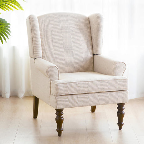 HUIMO Living Room Chair Upholstered High Back Armchair Retro Printed Wingback Chair in Linen for Bedroom & Study Comfy Accent Sofa Chair Reading Chair Holds 300lbs (Navy Blue) (1, Tan with Lines) HUIMO