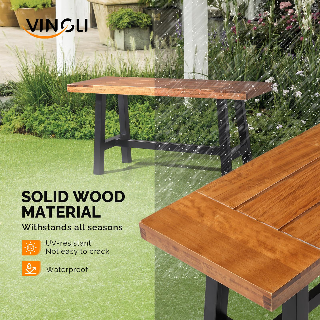 VINGLI Outdoor Bench with Metal Legs Rustic, Wood Dining Bench Indoor Outdoor Porch Benches for Yard Garden Dining (40in) VINGLI