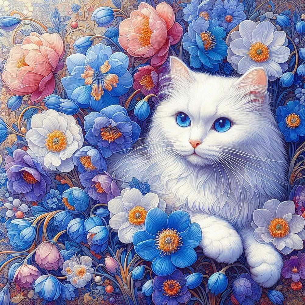 WSLWXSHM Diamond Painting Kits for Adults Cat, Flower Round Full Drill Diamond Art Kits, 5D DIY Paint with Diamonds Crafts for Home Wall Decoration Gifts 12×12Inch, Animal WSLWXSHM