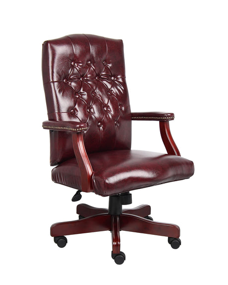 Boss Classic Executive Oxblood Vinyl Chair With Mahogany Finish Frame Boss Office Products