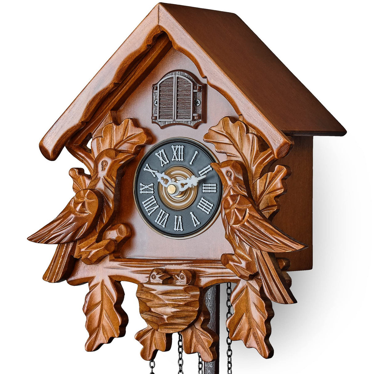 TIMEGEAR Cuckoo Clock with Night Mode, Singing Bird, Wooden Decorations and Swinging Pendulum (Brown) TIMEGEAR